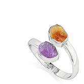 LUSTRE AND LIGHT Natural Raw/Rough Amethyst & Citrine 2 Stone Size Adjustable Stackable Twister Ring for Women in Sterling Silver, February & November Birthstone Jewelry Gifts for Her (Bezel-Set)