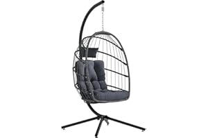 SWITTE Egg Chair Outdoor with Stand, Indoor Wicker Hanging Egg Swing Chair with Cushion, 350lbs Capacity for Patio, Bedroom, Garden - Dark Grey