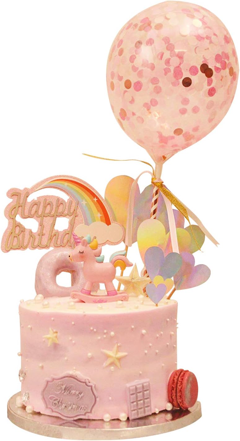Birthday Unicorn Cake Topper Set, Handmade Unicorn Cake Decoration Girls Birthday Party Supplies with Confetti Balloon (pink)