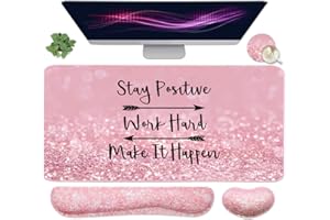 YUNOBLE Large Mouse Pad and Keyboard Wrist Rest, Desk Pad for Keyboard and Mouse, 4-in-1 Large Gaming Mouse Pad with Wrist Support, Desk Mat for Home Office Study Game-Pink Stay Positive
