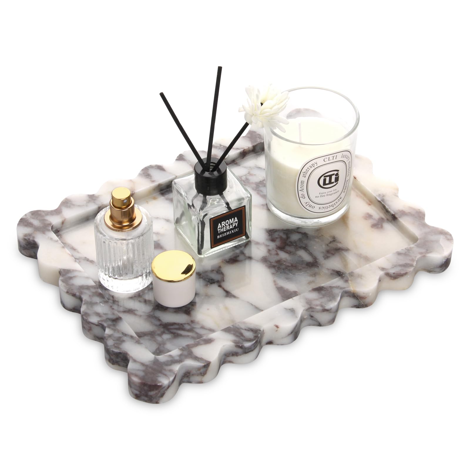Photo 1 of Scalloped Marble Decorative Tray,Luxury Natural Calcutta Stone Bathroom Vanity Tray, Dresser Top Perfume Coffee Home Kitchen Toilet Sink Tray, Key Trinket Ring (Calacatta Viola, 10.8 * 8)