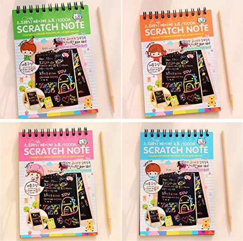 4Pack IFFree Scratch & Sketch Art Note Pads, Scratch Art Rainbow Mini Notes With Stylus Scratch Paper 10 Pages, Small Size.(Four Colours, with four Stylus and Style is random)