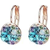Multicolored Austrian Crystal Leverback Earrings for Women 14K Gold Plated Dangle Hoop Earrings Hypoallergenic Jewelry