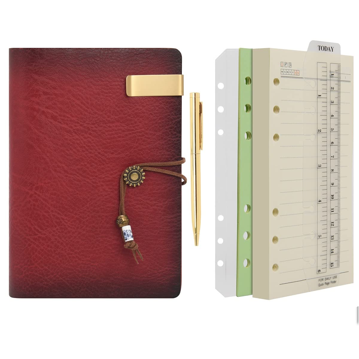 WONDERPOOL A6 Leather Diary Lined Paper Notebook & Pen - Refillable 6 Ring Binder Writing Spiral journal for Office Travel Work and Plan Agenda(a-Wine red, A6)