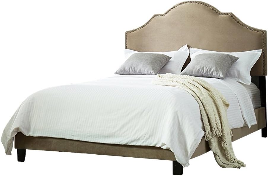Taupe Queen Size Bed Upholstered Nailhead Frame Bed with Adjustable Three Height Adjustment Headboard