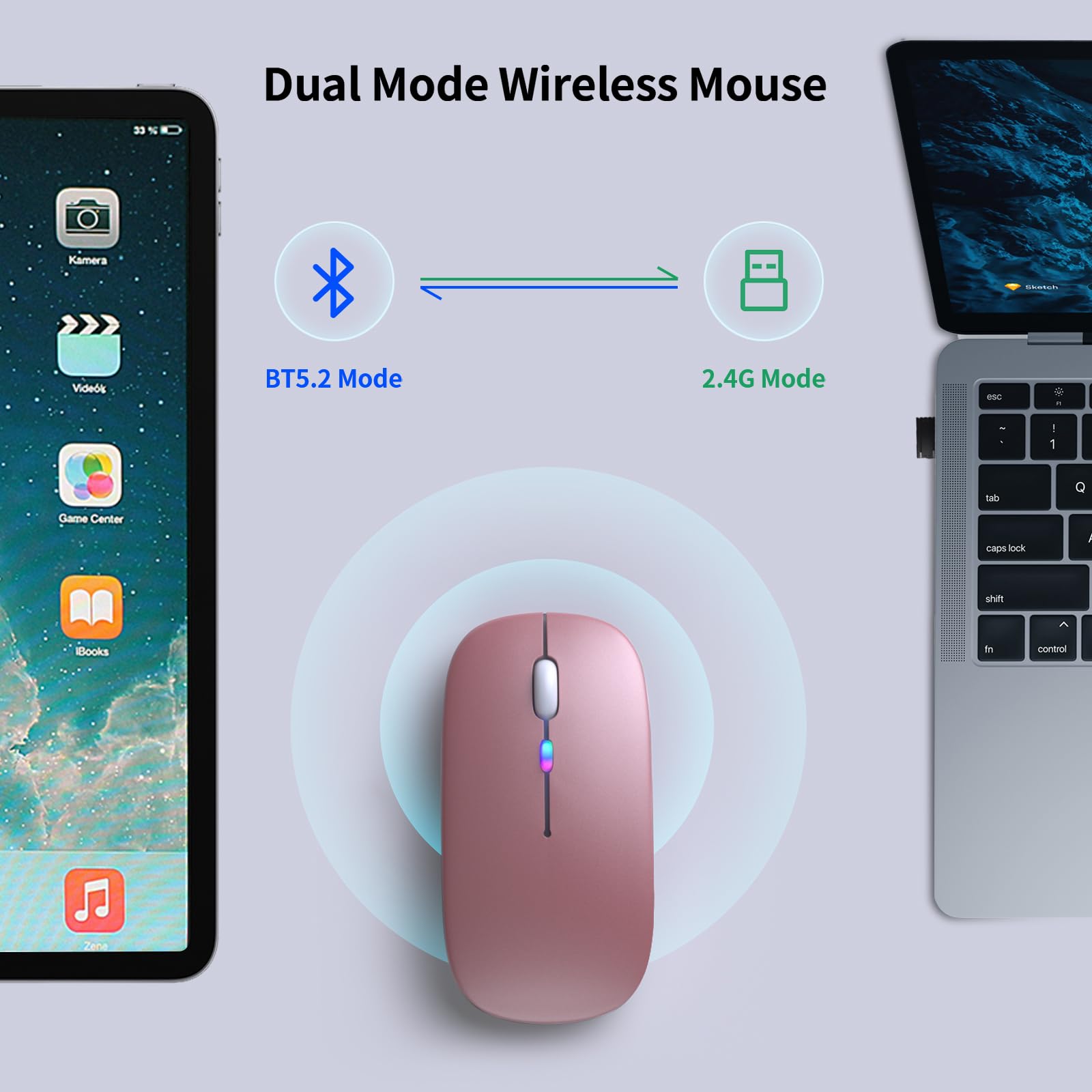 KANMABPC Wireless Bluetooth Mouse – Rechargeable, Silent, Dual Mode (Bluetooth 5.2 & USB) with LED Lights – Portable for Laptop, Desktop, & Tablet(Rose Gold)