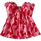 MakeMeChic Women's Boho Butterfly Print Knot Tie Front Strapless Tube Top Ruffle Hem Bandeau Summer Tops