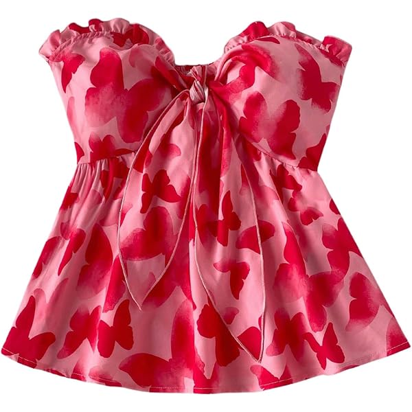MakeMeChic Women's Butterfly Print Tube Top - Strapless, Knot Front, Ruffle Hem, Shirred Bandeau - View #12