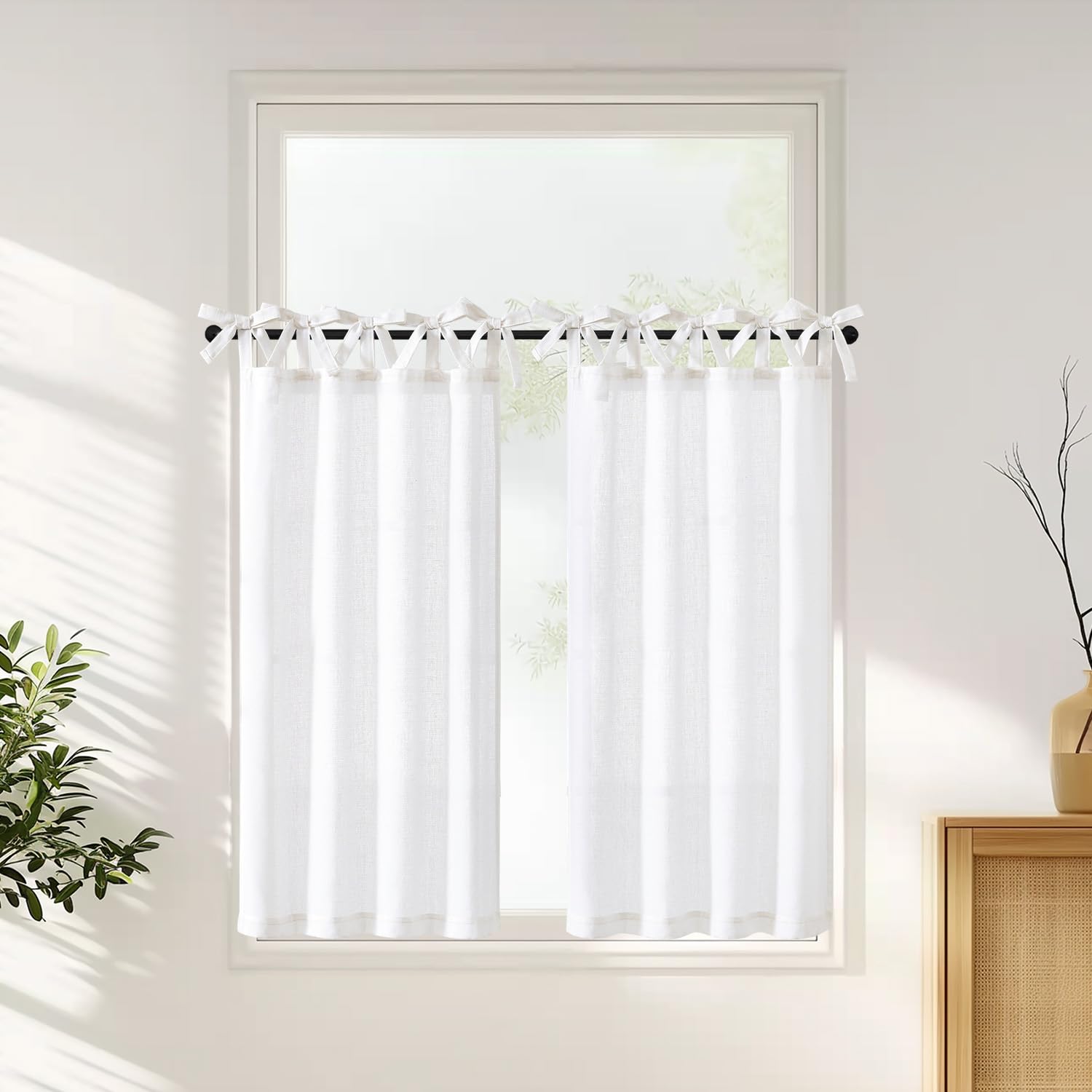 Photo 1 of jinchan Tie Top Linen Kitchen Curtains Over Sink 45 Inch Length Tier Curtains Farmhouse Rustic Small Cafe Curtain for Bedroom Living Room Bathroom Half Window Light Filtering Privacy 2 Panels White