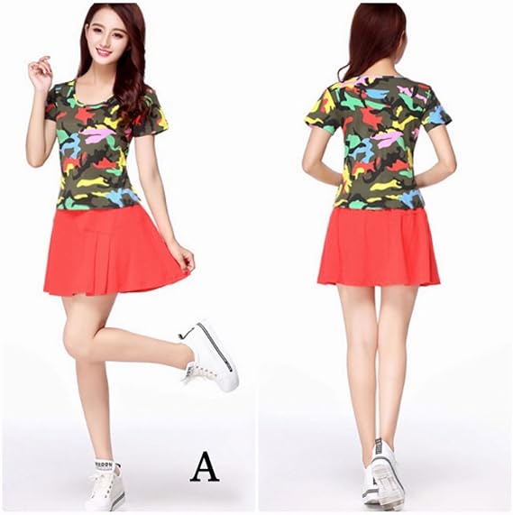 Amazon レディース Tシャツ ミニスカート ダンスウェア ダンス 衣装 スター柄 迷彩 上下セット かわいい セクシー フェミニン 大きいサイズ キュート おしゃれ 無地 ダークグリーン レッド 3xl A スカート 通販