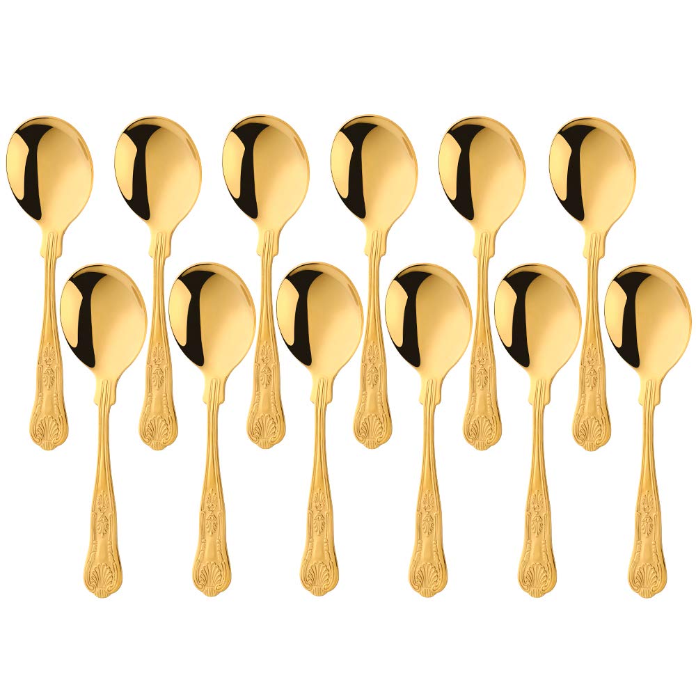 Buyer Star 12pcs Round Bouillon Spoons, Gold Stainless Steel Utensil Kit for Home Kitchen and Restaurant, Mirror Polished Soup Spoons