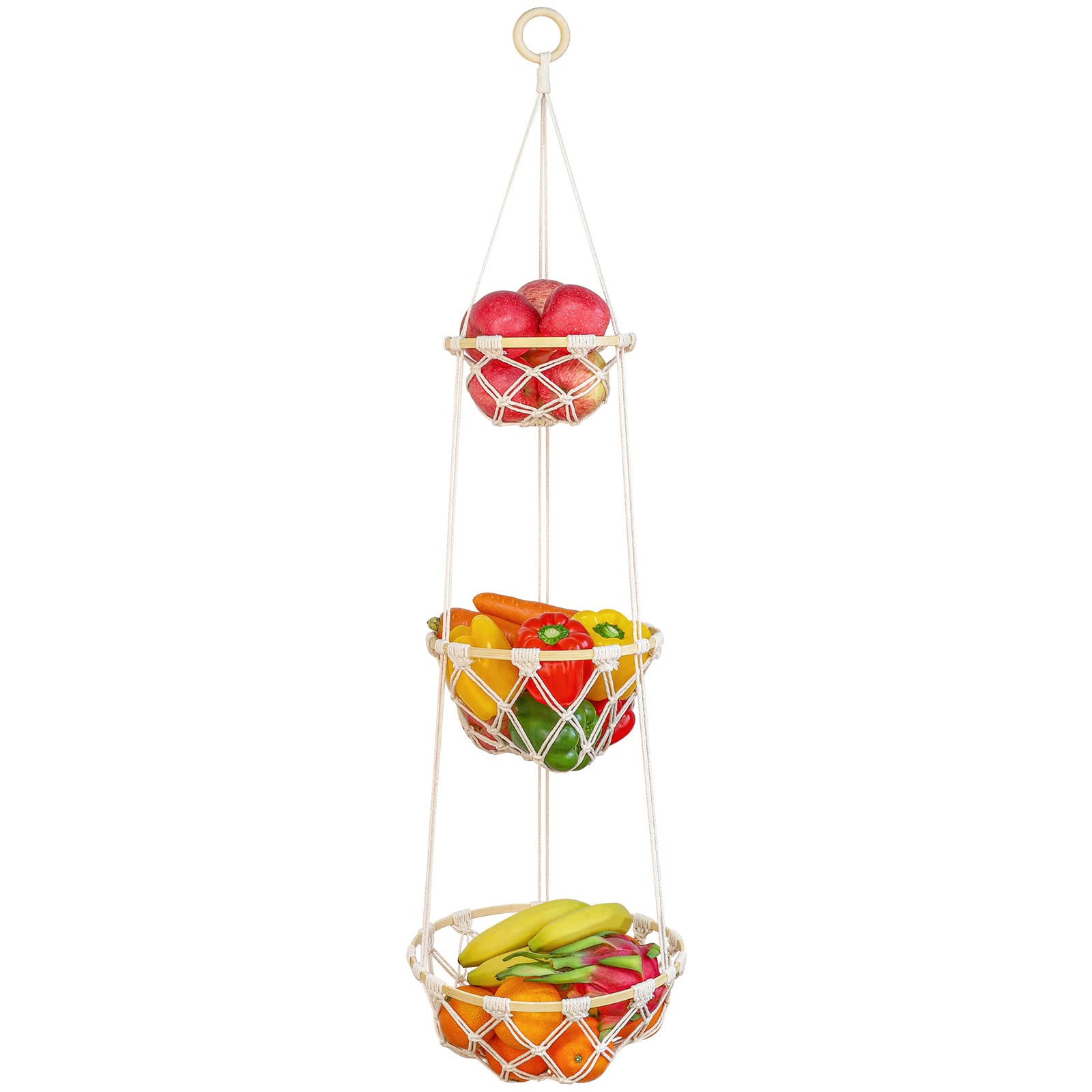 Photo 1 of 3 Tier Macrame Hanging Fruit Basket, Boho Vegetable Holder for Kitchen Food Storage with Hook, Bohemian Cotton Produce Multi Organizer, Plant Hanger Decor for Home Living Room Women Christmas Gift