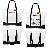OKBA 4 PCS Stylish canvas tote bags for women,blank large size tote bag With zipper,sublimation tote bag with pockets (Black/white*4PCS)