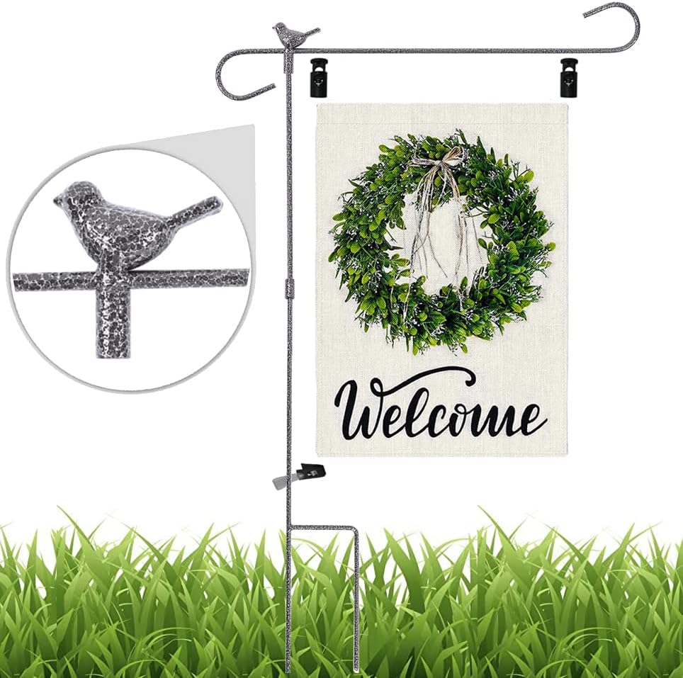 Flagpole Hardware - Garden Flag Pole Holder Stand with Bird, Bird Flag Pole Stand for Small Garden Flag 12 x 18, Backyard Flag Stand Heavy Duty Wrought Iron Durable Powder Coating No Flag Black
