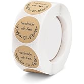 DADIFEN 500 PCS Handmade Stickers for Packaging 1 Inch Baking Kraft Paper Stickers, Handmade with Love Stickers Tags for Birthday,Wedding,Party Gift Wrap Bag