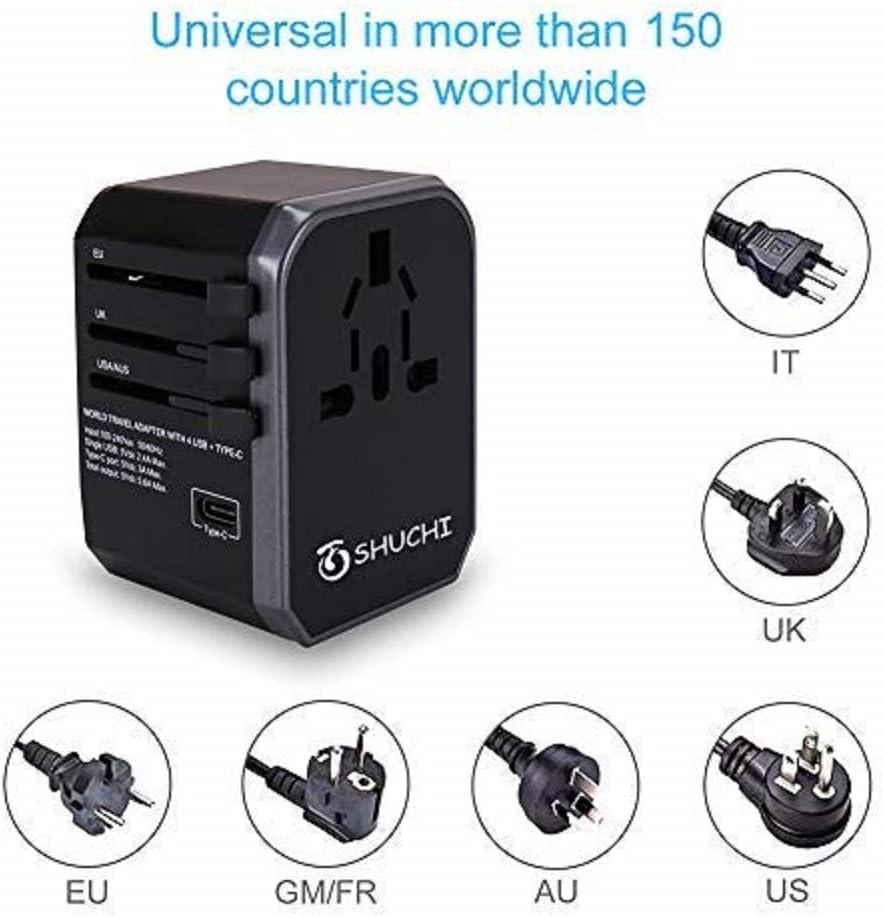 Travel Adapter, All in One Wall Charger AC with 3.0 A Type C and 4 USB for UK USA EU AUS Asia - - 