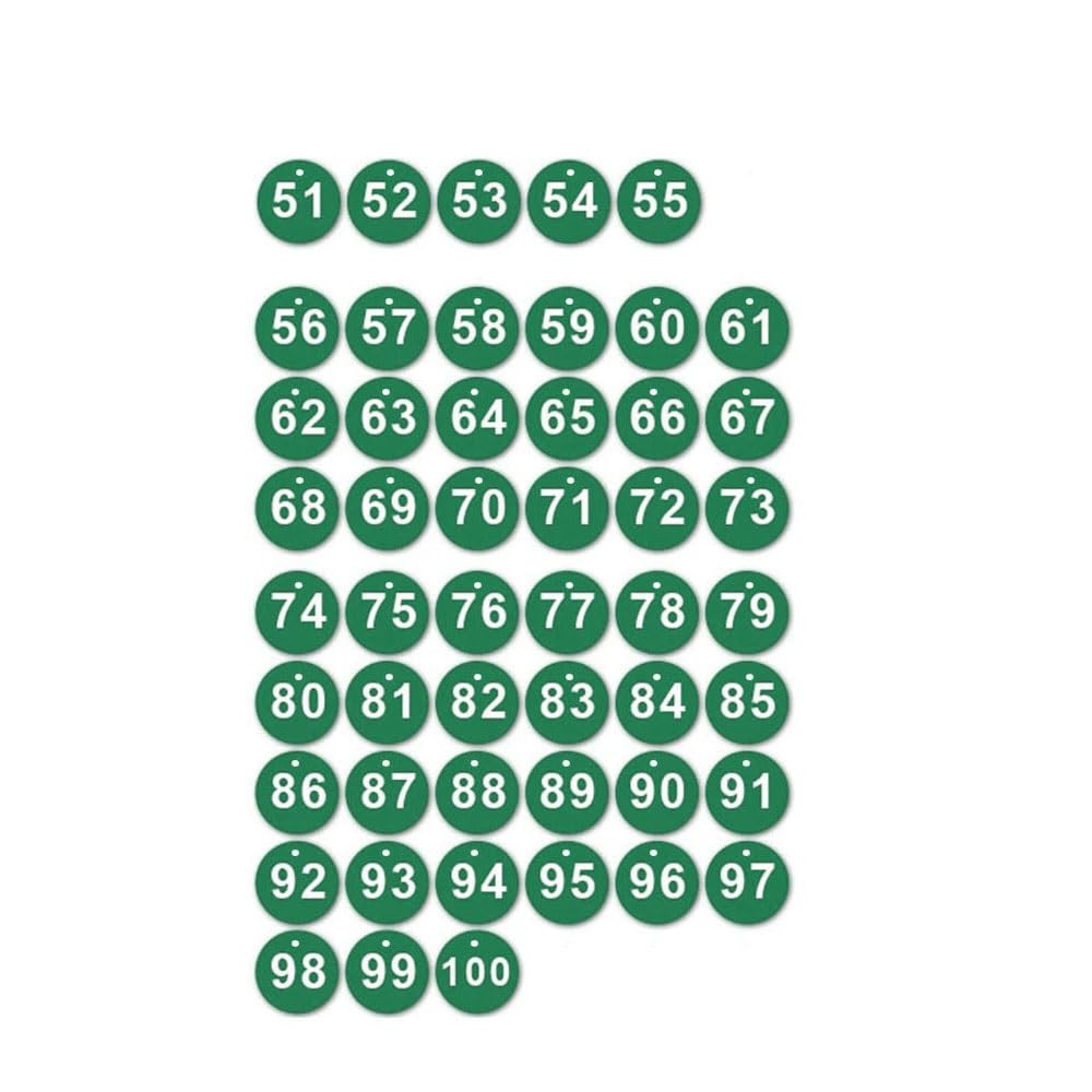 50Pcs Engraved Number Discs, 51-100 Plastic ID Number Tags Table Numbers Key Tags for Lockers Party Restaurants Clubs Hotel (Green)