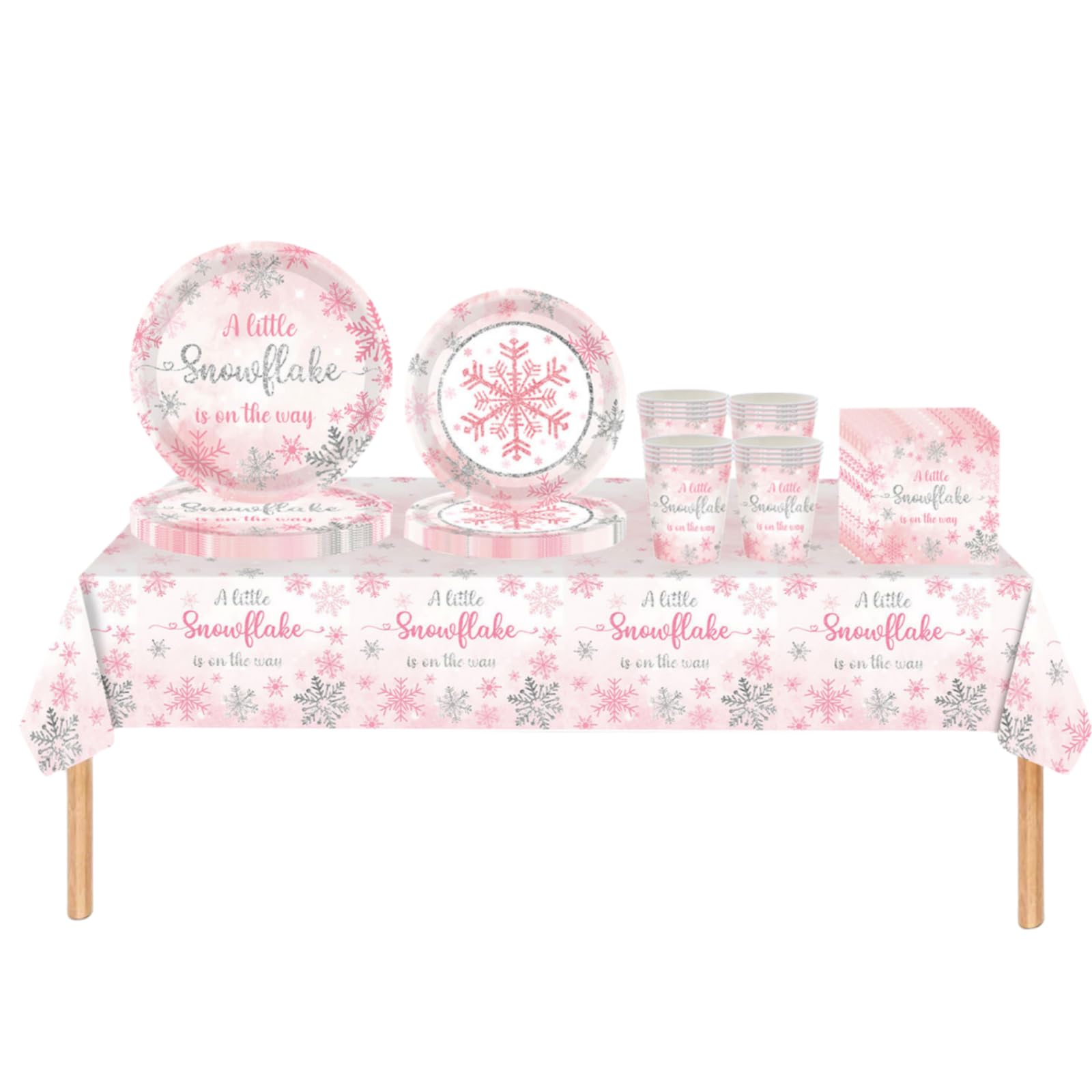 69P Christmas Snowflake Theme Party Tableware Plastic Table Cloth,Paper Plates,Napkins and Cups,Pink Snowflake Dinnerware Set for Winter Holiday Xmas Snowflake Frozen Party Table Decoration
