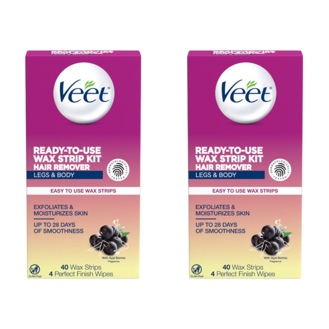 Veet Ready-to-Use Dermatologically Tested 40 Count Hair Remover Wax Strip Kit for Legs & Body (2 Pack)
