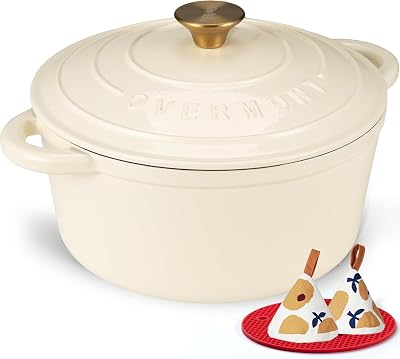 Overmont 26cm Enamelled Cast Iron Round Casserole Pot with Lid Cream