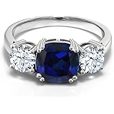 Gem Stone King 4.00 Cttw Blue Simulated Sapphire Engagement Ring For Women | 925 Sterling Silver | Gemstone Birthstone | Cushion 8MM and Round 5MM | 3 Stone Wedding Anniversary Promise Ring