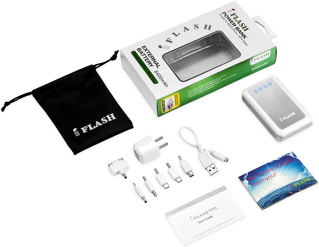 iFlash Dual USB 8400mah External Battery Charger Source with 2.6A Output (fast) Heavy Duty Ouput Support iPad 1 / 2 / 3 / 4, iPad Mini, iPhone 5 / 4S / 4, Google Android Phones, HTC EVO, LG, Samsung Galaxy S II III Note II, BlackBerry Moblie Phones - White