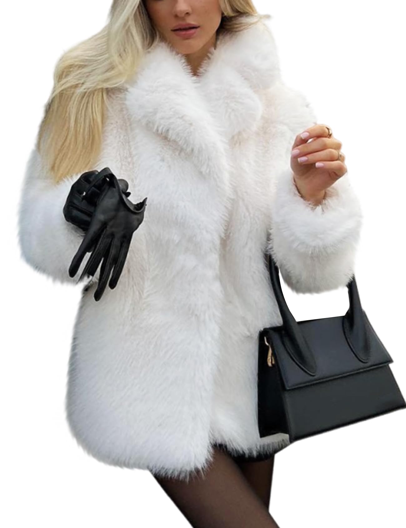 Photo 1 of Arssm Women's Faux Fur Coat Long Sleeve Fluffy Jacket Open Front Furry Winter Warm Lapel Shaggy Coat Outwear(White-S)
