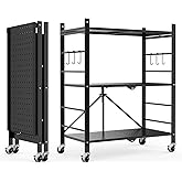 Himix Storage Shelves with 6 Hooks, 3 Tier Foldable Shelf with Wheels, Metal Storage Shelving Unit Rolling Cart, Utility Shelf Rack Organization Shelves for Pantry, Kitchen, Black - No Assembly