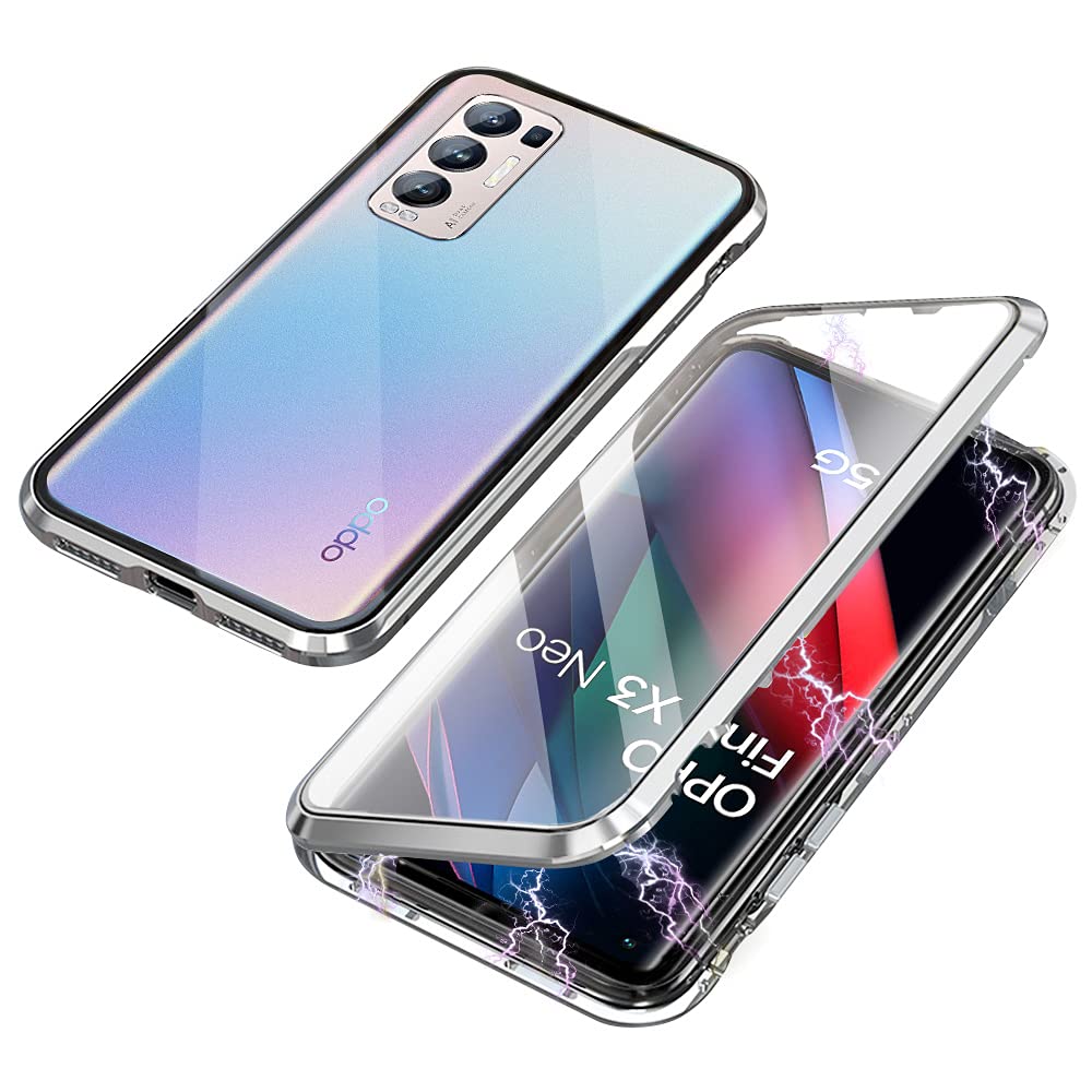 Case Compatible with Oppo Find X3 Neo, Magnetic Adsorption with Lock Design, 360 Protection Front Back Tempered Glass Aluminum Frame Cover, Shockproof Transparent Case, Silver