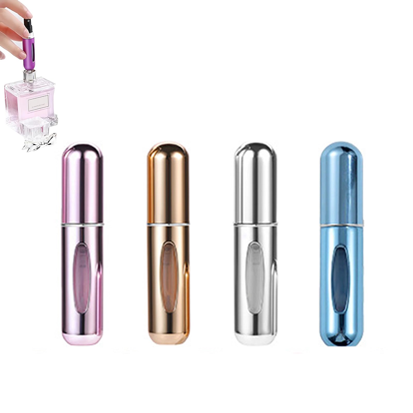 Photo 1 of 4 Pack 5ml Mini Refillable Perfume Portable Atomizer Bottle–Travel Size Perfume Refill Bottle,Mini Spray Empty for Refill,Small Sample Spray Bottles for Women,Men(Blue+Silver+Gold+Pink)