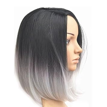 Probeauty Fashion Heat Resistant Full Head Bob Style Fun Wig Short Bob Hair Style Black White Ombre