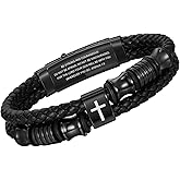 TempBeau Christian Black Leather Bracelet for Men - Double-Row Braided Leather Faith Cross Bracelets for Mens Jewelry Gift Religious Baptism Easter Gifts for Young Men Teenage,Adjustable Wristband