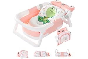 LUCAKUINS Foldable Baby Bathtub with Cushion & Water Thermometer and Drain Hole, Portable Durable Foldable Baby Bath Tub for Newborn Infants 0-36 Months (Pink)