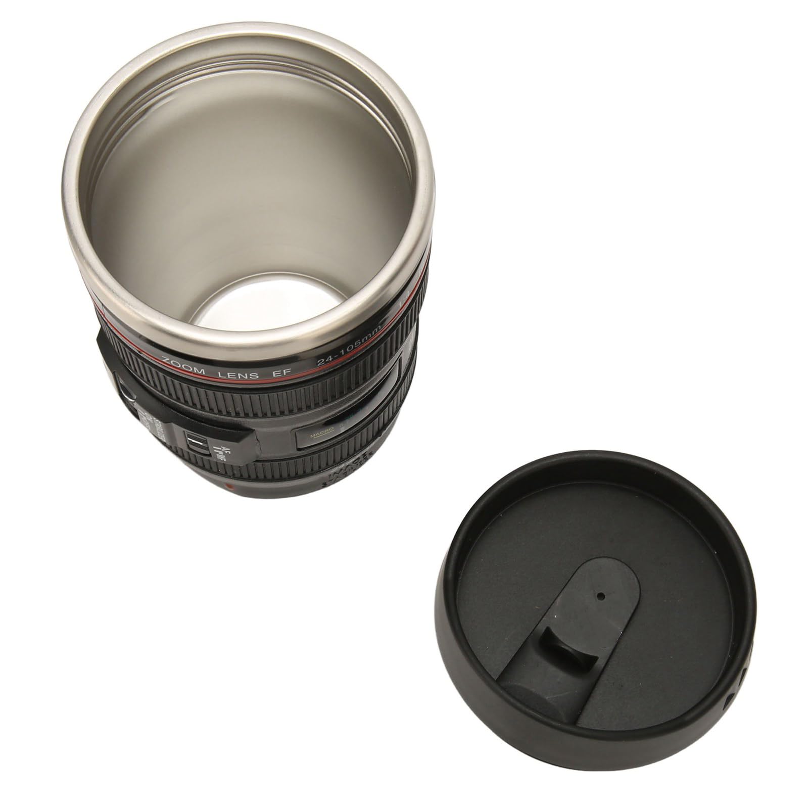 Camera Lens Coffee Mug, Multipurpose Stainless Steel Camera Lens Coffee Mug Portable for Travel (Black)