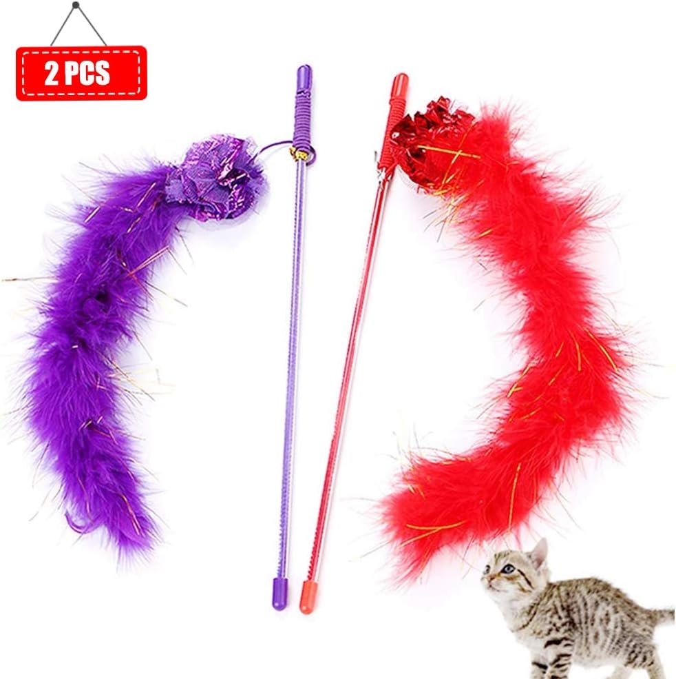 Cat Wand Toy Interactive Cat Toys Cat Teaser Wand with Sound Paper and Feather for Cat Kitten 2 Pcs [Red, Purple]