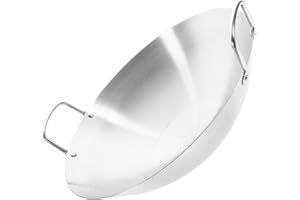 JOINPAYA Stainless Steel 30cm Double-Handle Wok Round Bottom for Home Cooking, Sturdy Frying Pan