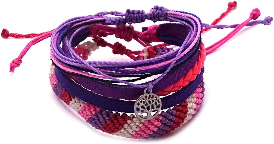 Tree of Life Silver Charm Multi Strand String Bracelet Suede Braided Leather Bracelet Thick Striped Macramé Bracelet Multicolored Layered Stackable 3 PC Pull Tie Jewelry Set