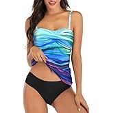 Shuangyu Women's Twist Front Bandeau Tankini Set Two Pieces Ruched Tummy Control Suimsuit with Mid Waist Briefs