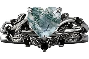 DONGHU 10K 14K 18K Solid Gold Natural Moss Agate Ring Set Inspired Leaf Moss Agate Engagement Ring Set Vintage Unique Moss Agate Bridal Wedding Ring Set Size 4-12.5