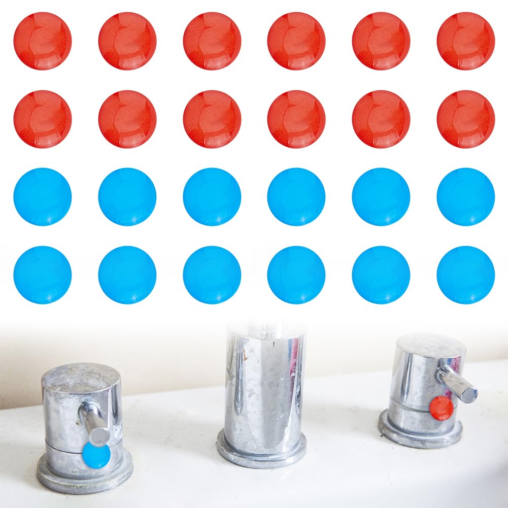 SUPERFINDINGS 24pcs 2-Color Hot & Cold Water Stickers, Epoxy Resin, Red & Blue, 10mm Diameter, Kitchen & Bathroom Faucet Stickers