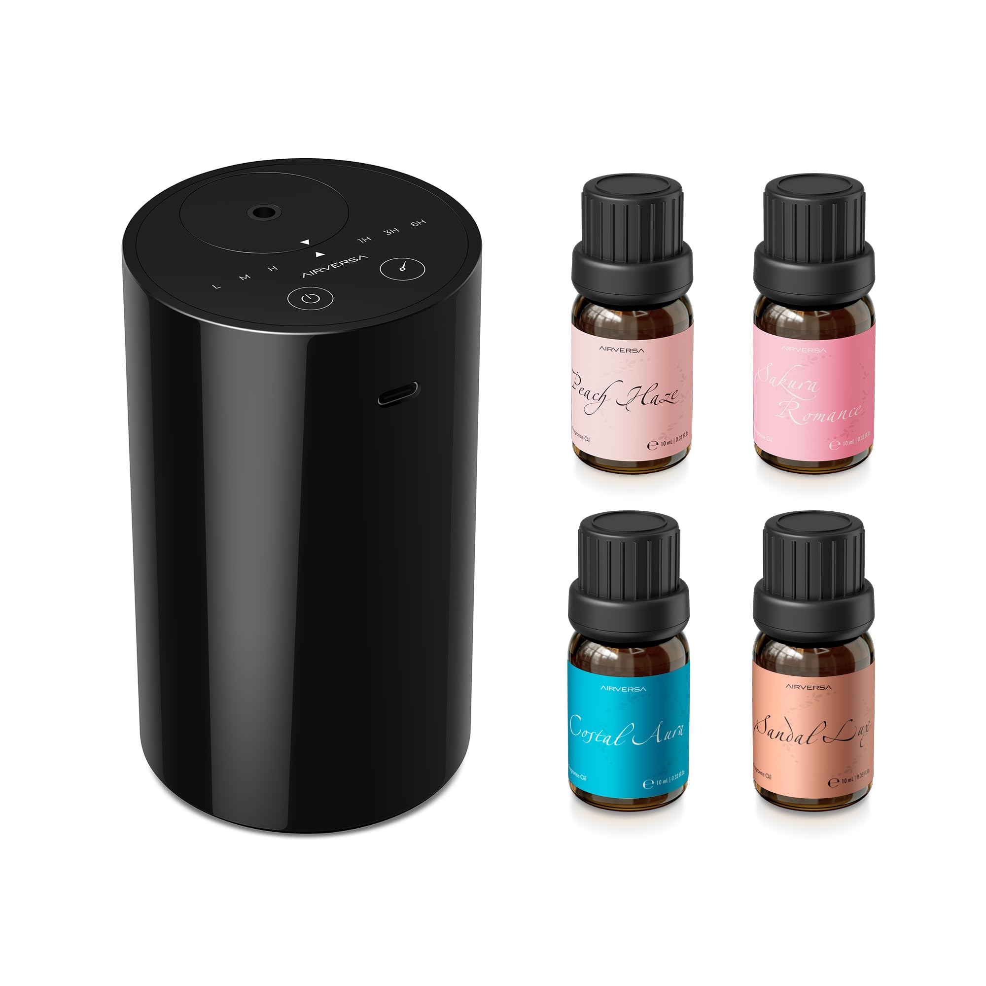 Photo 1 of (MISSING OILS) Airversa Waterless Essential Oil Diffuser Starter Kit with 4 x 10mL Fragrance Oil, Battery Operated Mini Scent Air Machine Portable Diffuser for Home Car Office, AN8 Kit2 Black