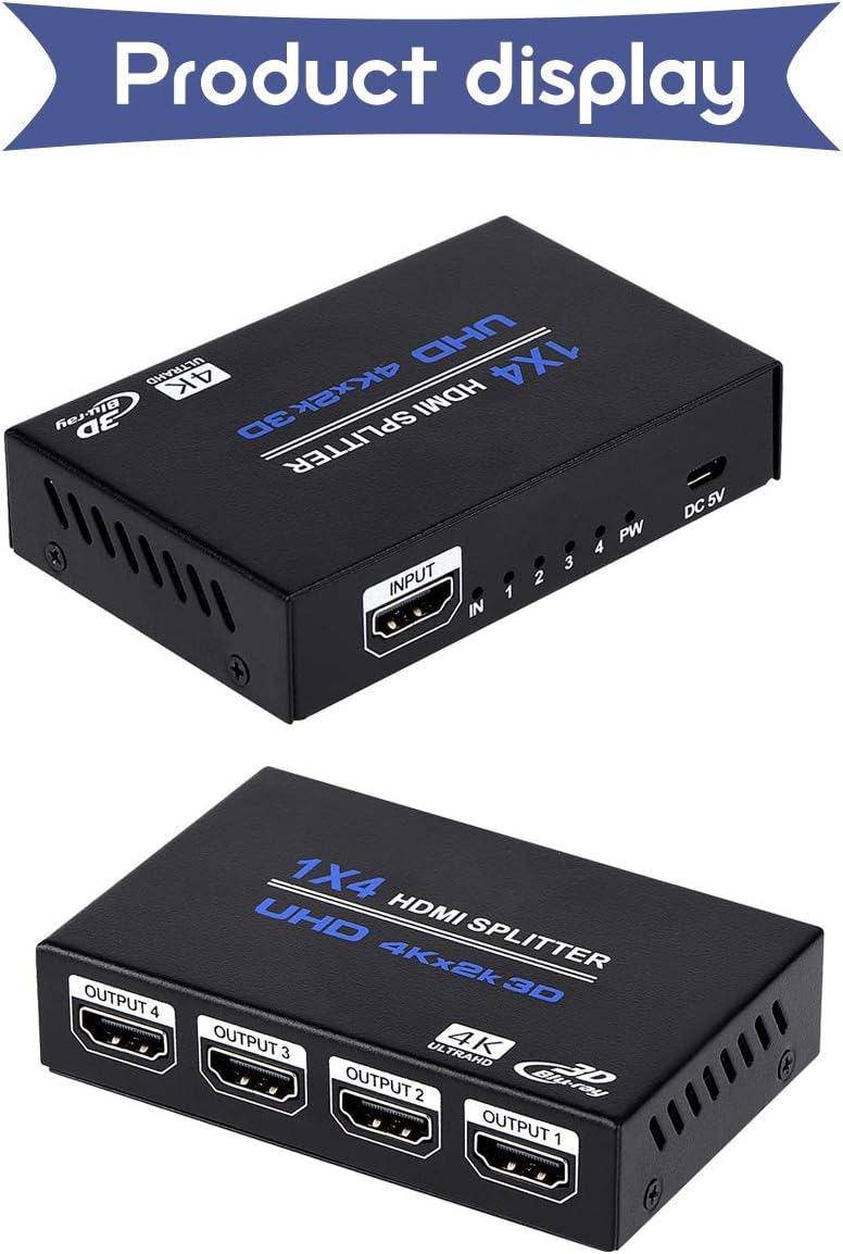 1x4 HDMI Splitter, 1 in 4 Out HDMI Splitter Audio Video Distributor Box Support 3D & 4K x 2K Compatible for HDTV, STB, DVD, PS3, Projector Etc: Home Audio & Theater