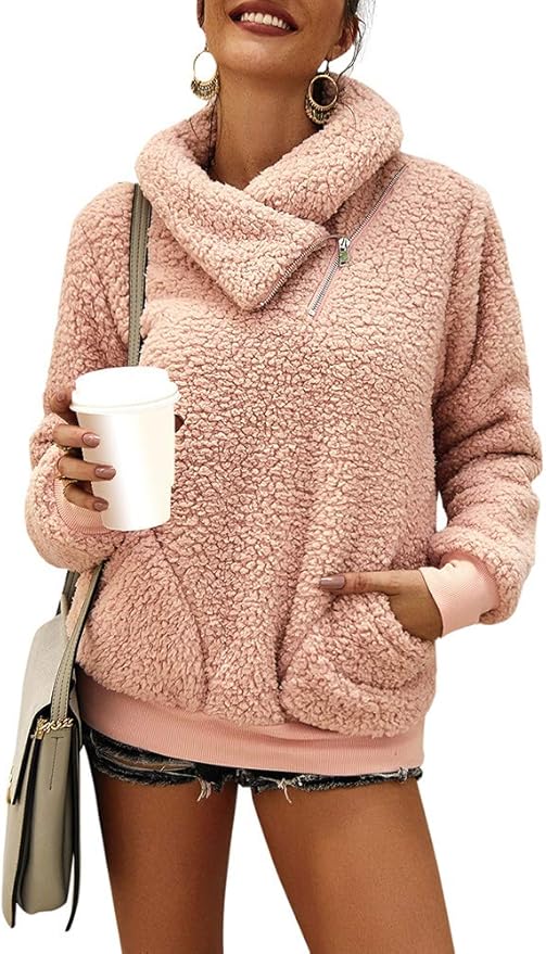 Amazon.com: Festnight Women Warm Fluffy Sweatshirt Fleeces Zipped Turtleneck Long Sleeves 