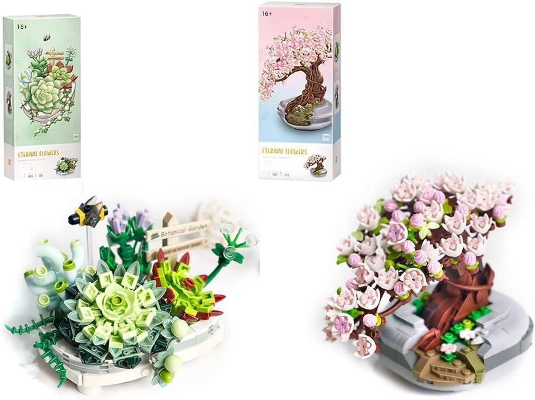 Flower Bouquet Building Kit, 389 Pieces Mini Succulent Potted Plant Building Set, Creative DIY Botany Collection Deco Gift, Gift for Kids and Adults (1660&1661)