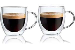 Espresso Cups Set Of 2, Double Walled Glass Coffee Mugs with Handle,Insulated Layer Coffee Cups,Clear Borosilicate Glass Mugs