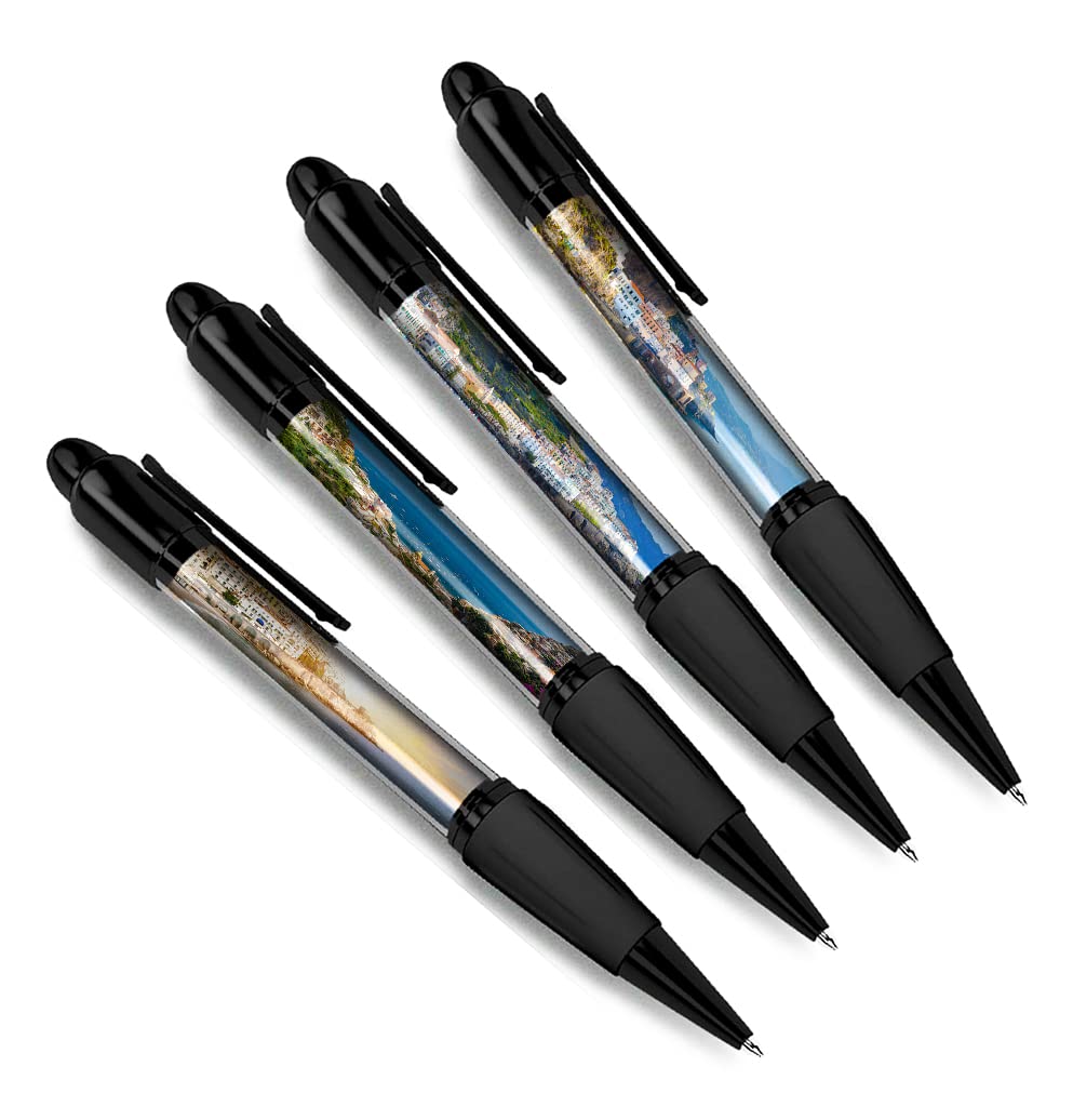DV DESIGN Set of 4 Amalfi Coast Black Ballpoint Pens - Italy Italian City European Holiday Travel Friends Boys Girls Men Women Theme Pen #79490