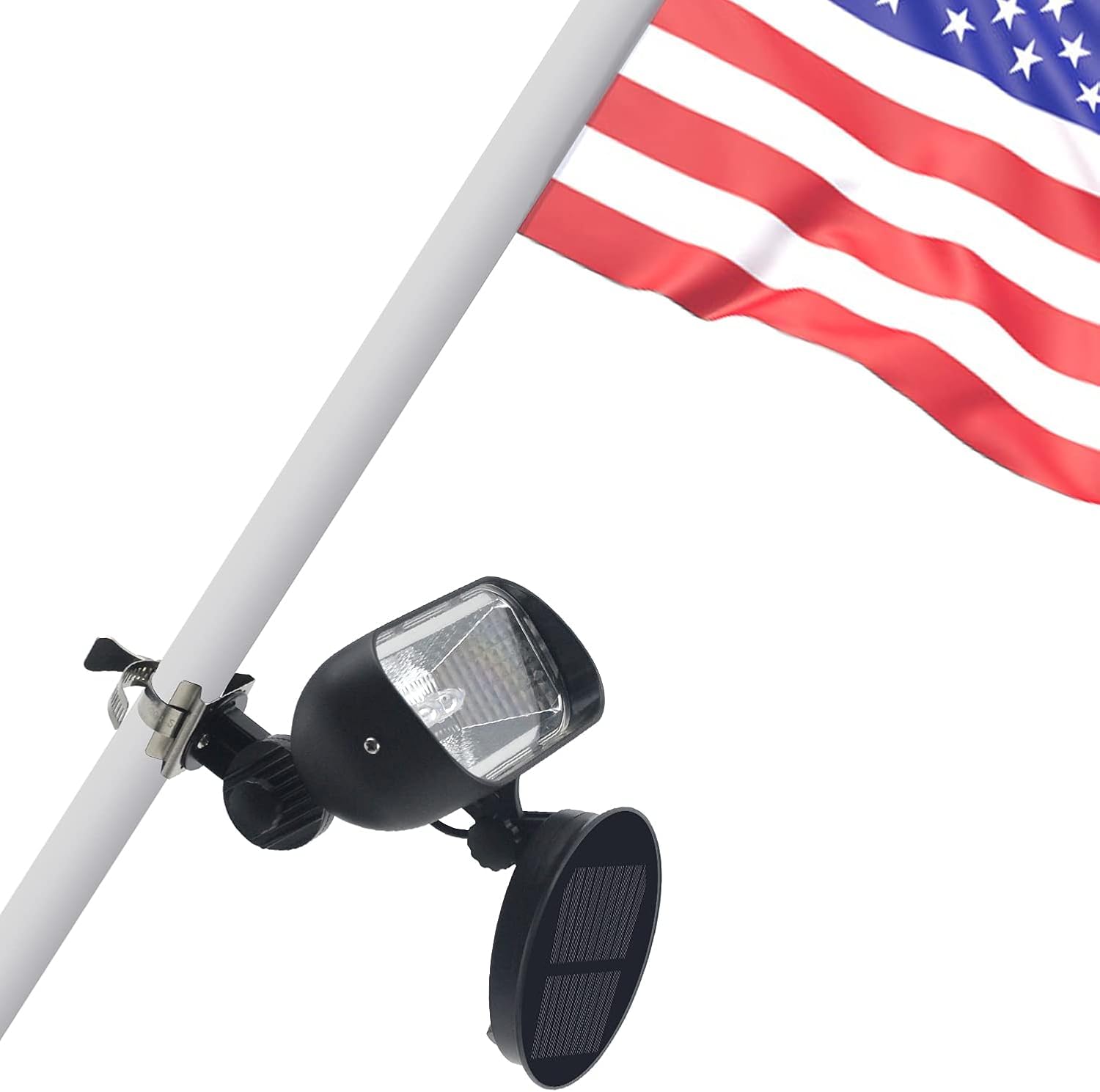Photo 1 of Flag Pole Light Solar Powered, 2 in 1 House Mounted Flagpole Solar Light, Metal Clamps Fits 1” to 3.5” in Diameter Flagpole, Super Bright 4 LED Outdoor Dusk to Dawn for Wall-Mount Flag Poles (Black)