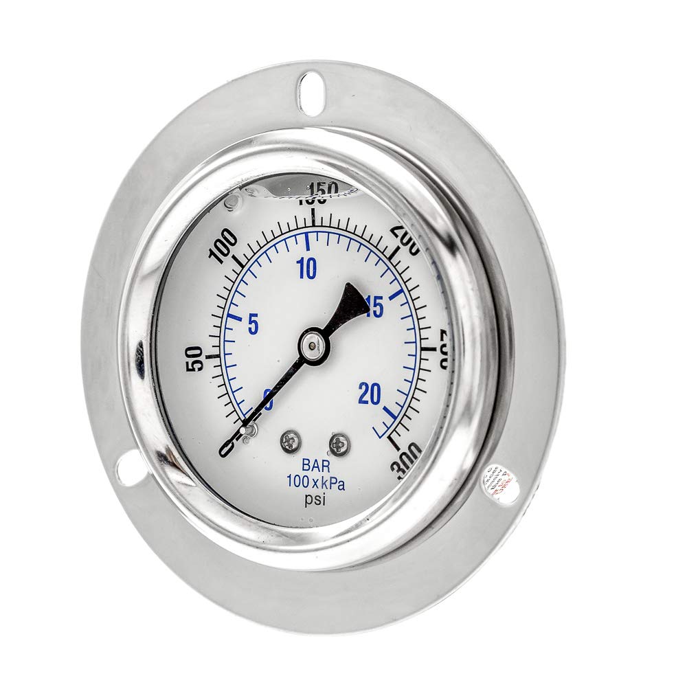 PIC Gauge PRO-204L-254H Glycerin Filled Industrial Front Flanged Panel Mount Pressure Gauge with Stainless Steel Case, Brass Internals, Plastic Lens, 2-1/2" Dial Size, 1/4" Male NPT, 0/300 psi
