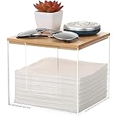 Rainmae Disposable Face Towel Holder, Acrylic Cosmetic Facial Towel Storage Box for XL Clean Skin Club, Upgrade Tissue Holder with Bamboo Lid Towel Organizer Container for Bathroom Vanity Countertop