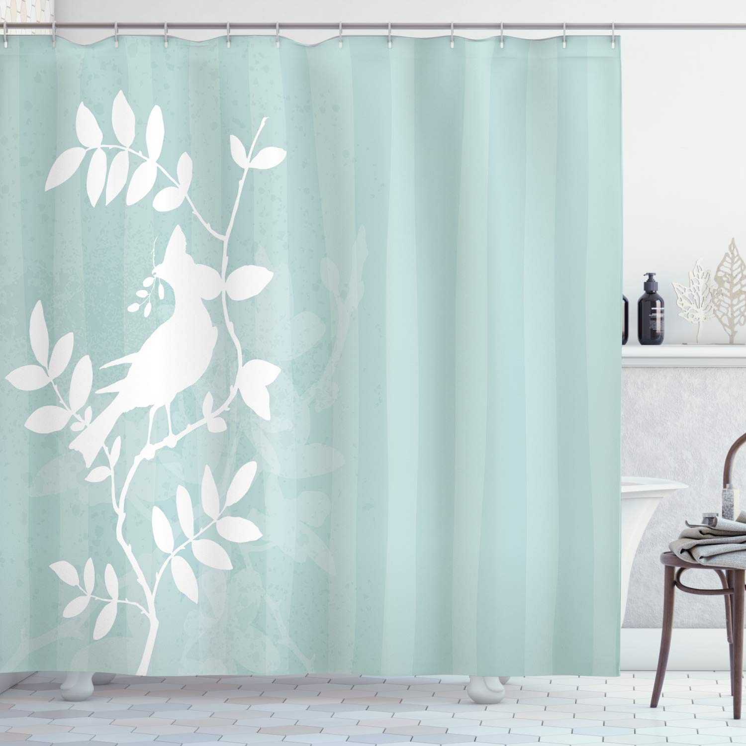 ABAKUHAUS Nature Shower Curtain, Silhouette of Bird Sitting on the Tree Branch on Striped Backdrop Summer Print, Cloth Fabric Bathroom Decor Set with Hooks, 70 Inches, Turquoise White